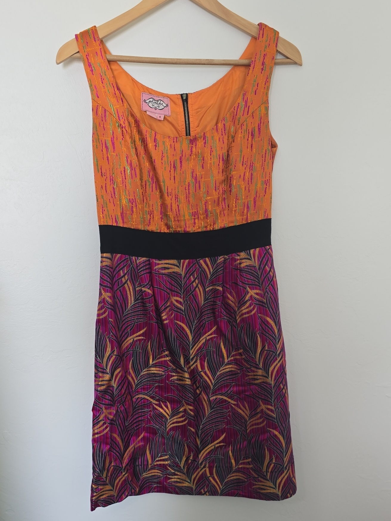 Phoebe Couture Orange Bodice Magenta Leaf-Print Dress